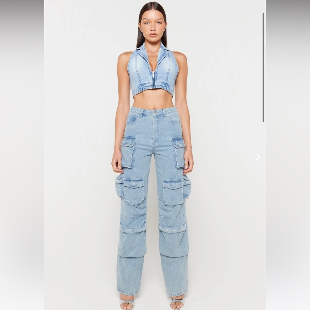 NWT Luxe To Kill Blue Denim Oversized Cargo Pocket Jean Size US 2 UK 6